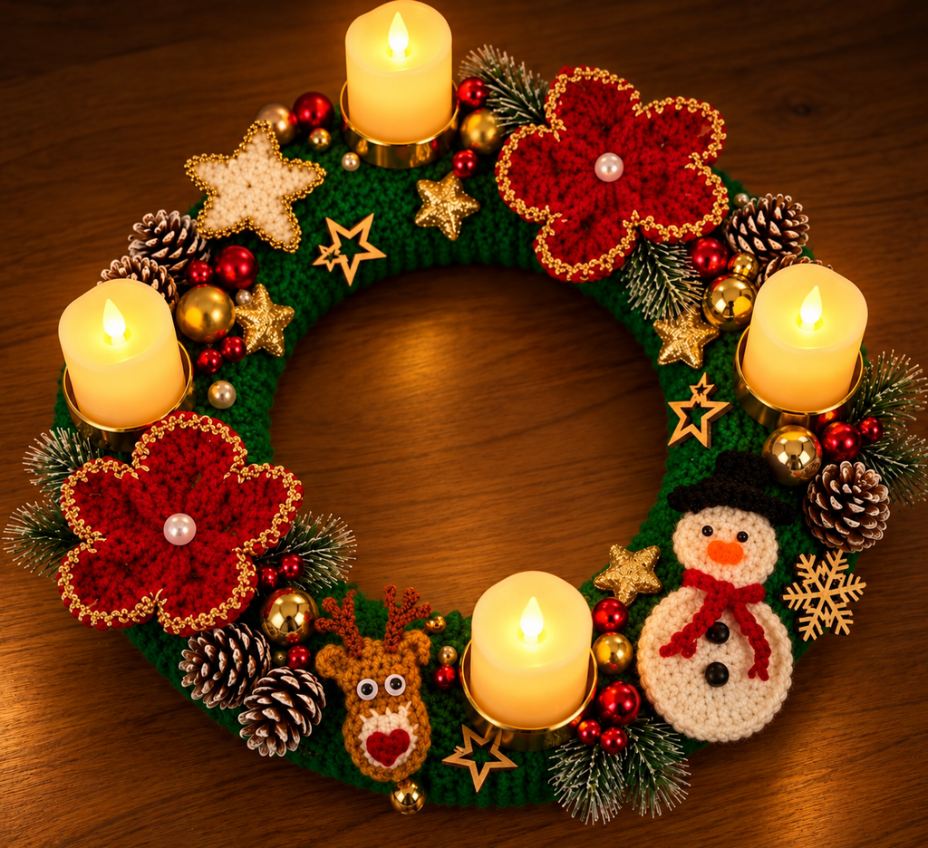 Grüner Weihnachtskranz mit roten Häkelblüten, Schneemann, Rentier, Tannenzapfen und vier leuchtenden Kerzen.