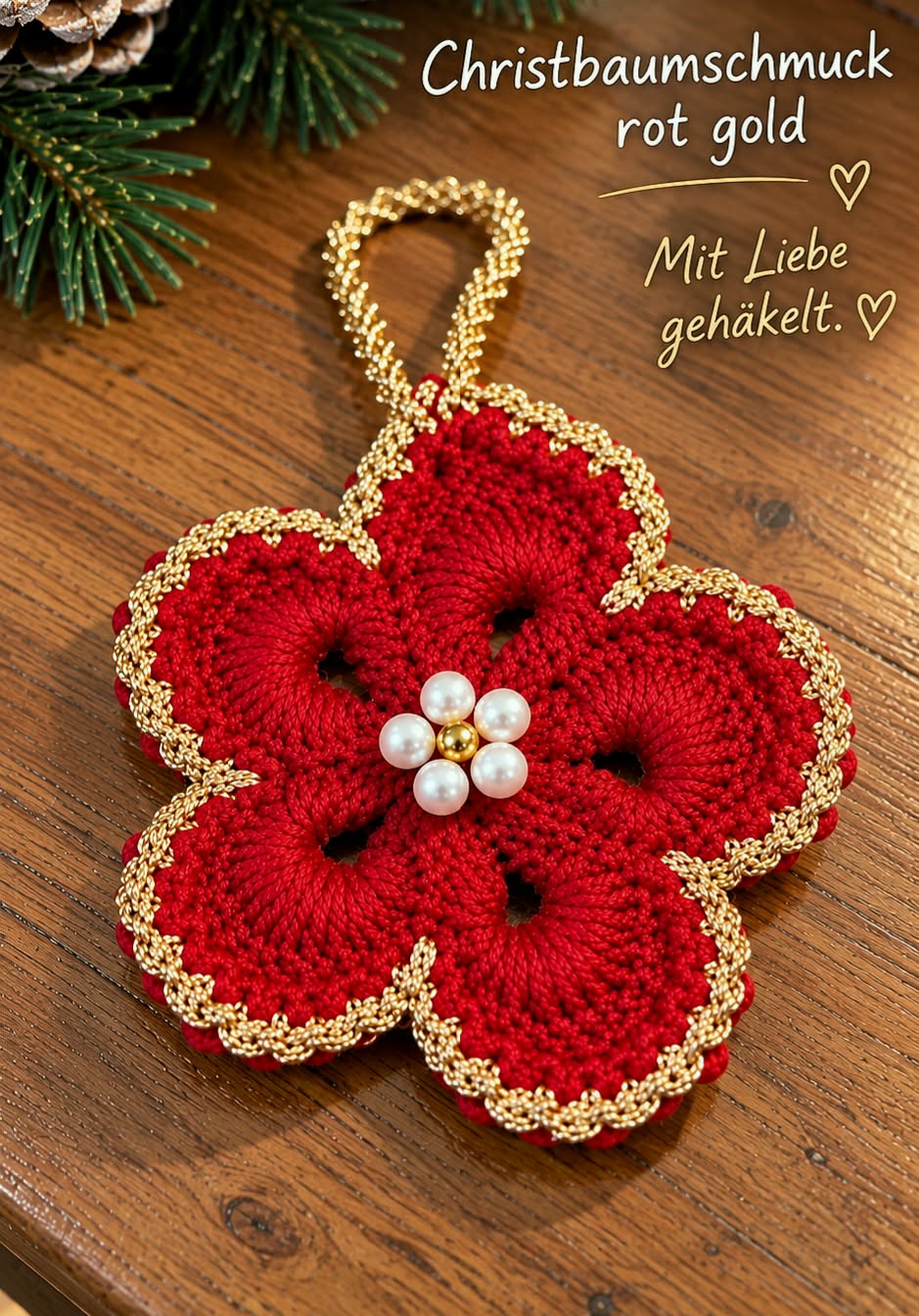 Weihnachtsbaumschmuck im 6er-Set – Häkelblüten in Rot und Gold