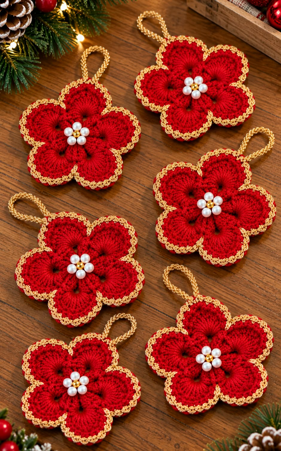 Weihnachtsbaumschmuck im 6er-Set – Häkelblüten in Rot und Gold