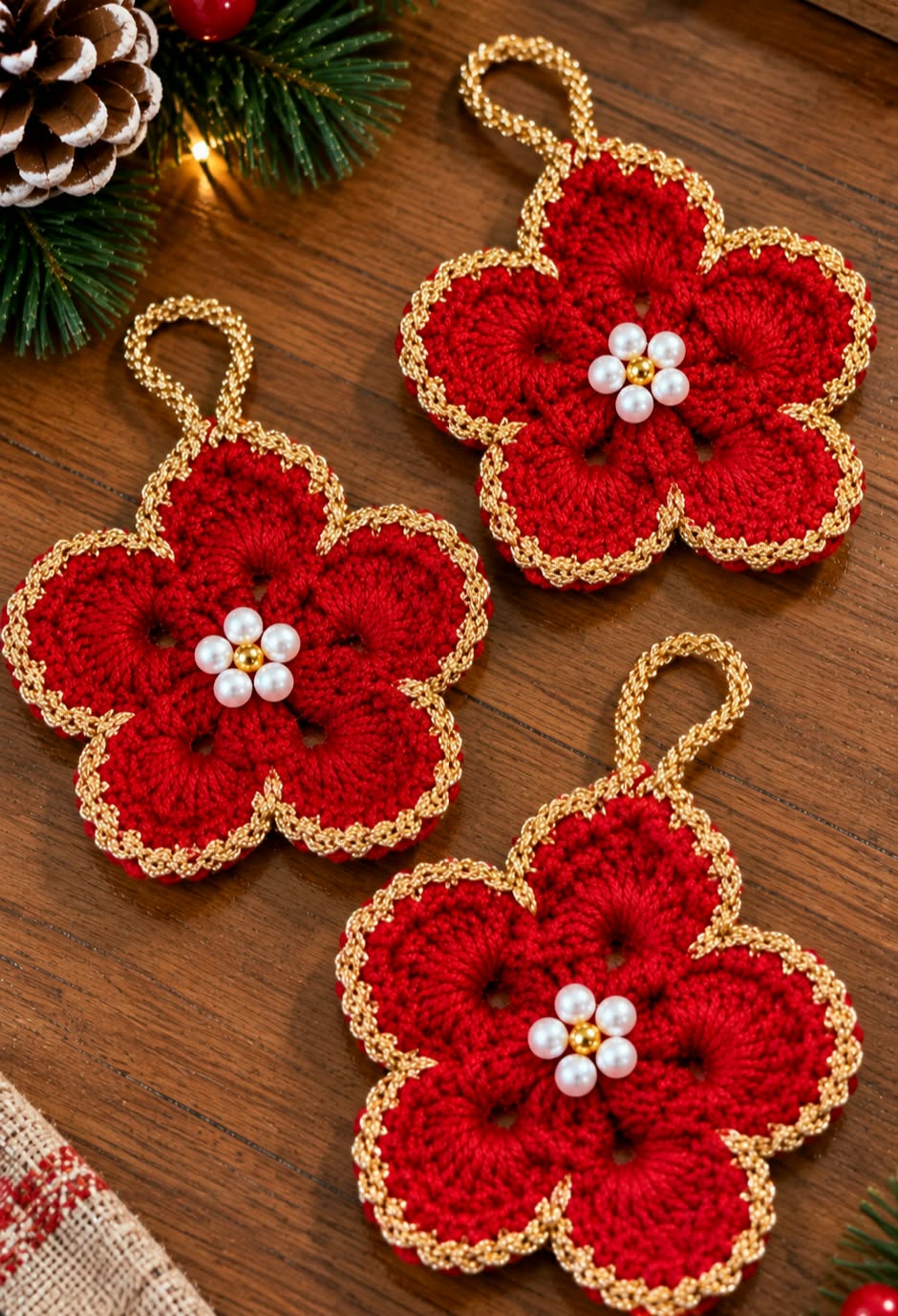 Weihnachtsbaumschmuck im 6er-Set – Häkelblüten in Rot und Gold