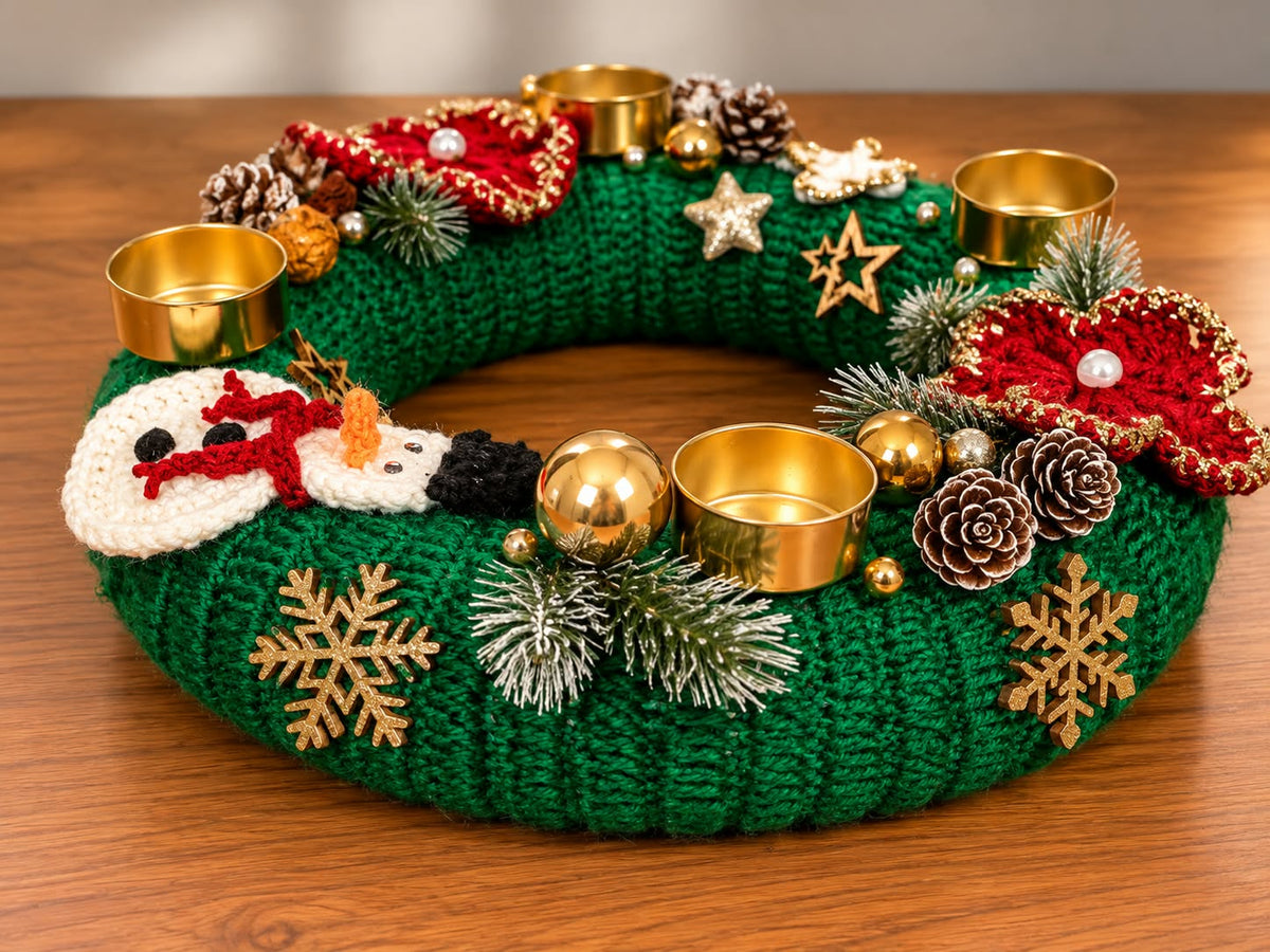 Handgefertigter Weihnachtskranz mit Häkel-Details